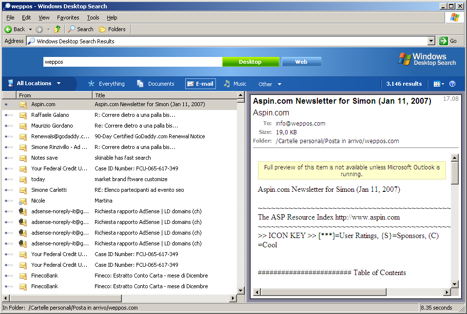 Windows Desktop Serch: Risultati di una ricerca