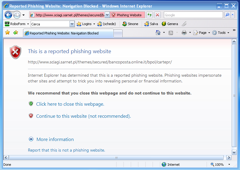 Internet Explorer Report Phishing