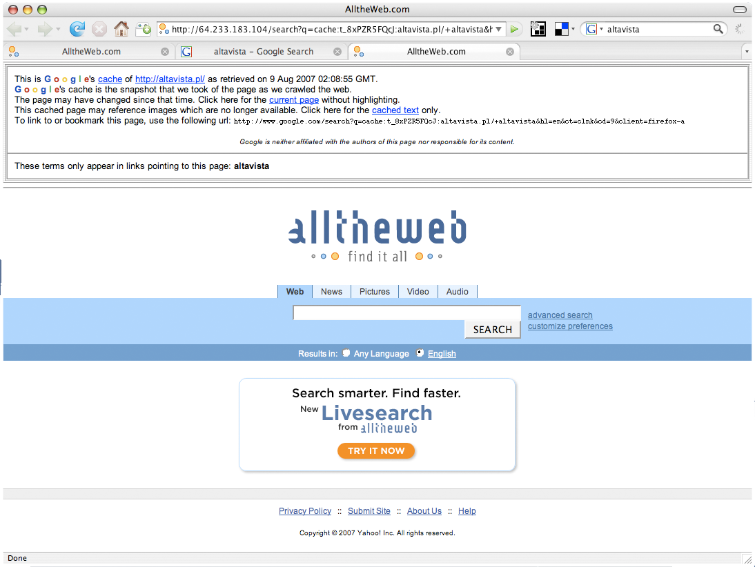 Altavista AlltheWeb cache
