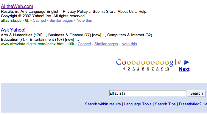 Altavista AlltheWeb SERP